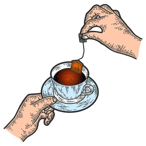 Brews a tea bag in a cup. Sketch scratch board imitation color. — Stock Vector