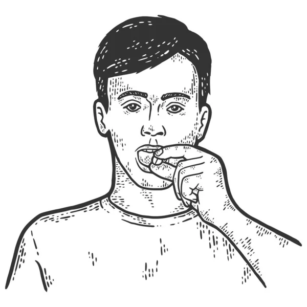 El tipo está tomando medicina, píldora en la lengua. Boceto imitación tablero de rasca. — Archivo Imágenes Vectoriales