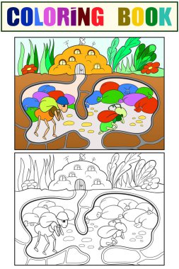 Evde karıncalar, iş. Çocuk çizimi. Boyama kitabı ve renkli resim seti.