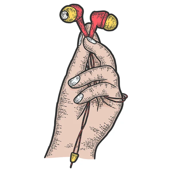 Een hand houdt een koptelefoon vast. Schets krasbord imitatie kleur. — Stockvector