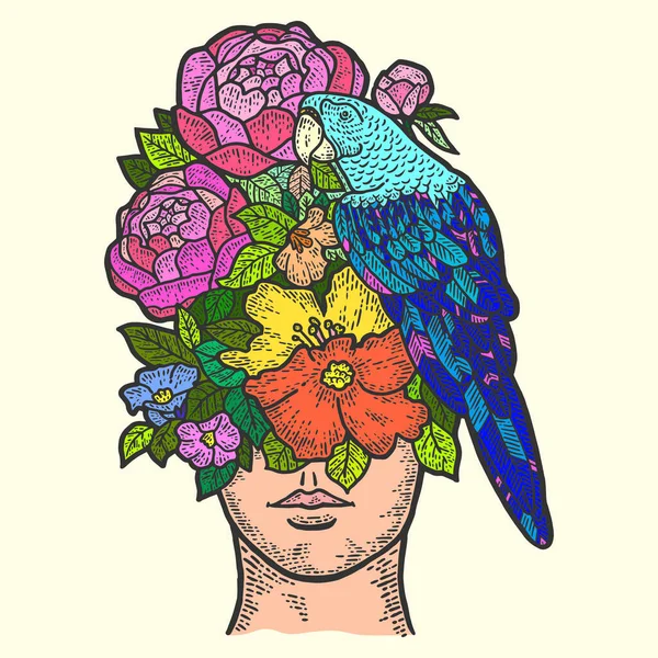 Girl instead of a face flowers and a parrot. Sketch scratch board imitation. Royalty Free Stock Vectors