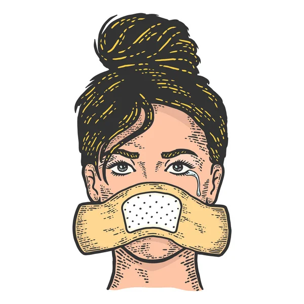 Un grito silencioso. Una mujer con un gran yeso adhesivo en la cara. Dibujo de color rasca y gana imitación. — Vector de stock