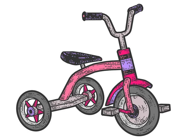 Τρίκυκλο, παιδικό ποδήλατο. Απομίμηση χαρτονιού σκετς. Χρώμα ροζ. — Διανυσματικό Αρχείο
