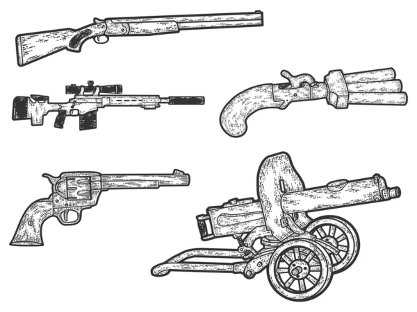 Set of military weapons. Sketch scratch board imitation. Black and white. — Stock Vector