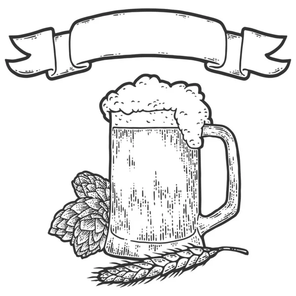 Glass of beer with hops, wheat and ribbon. Sketch scratch board imitation. — Stock Photo, Image