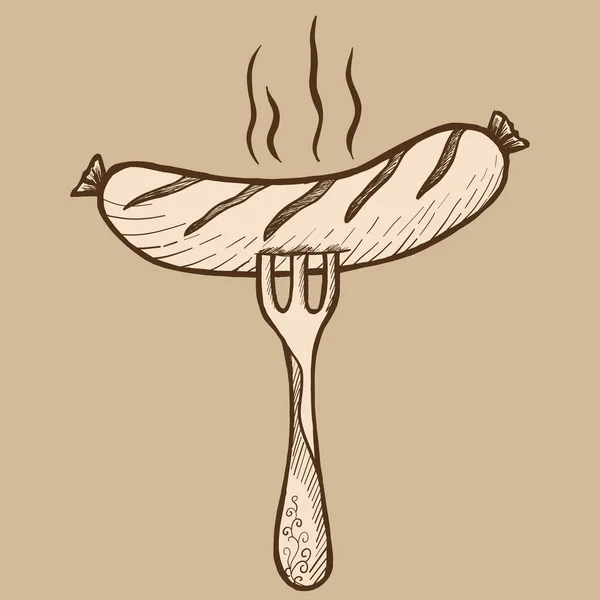 Fragrant sausage on a fork. Sketch scratch board imitation. Black and white. — Stock Photo, Image