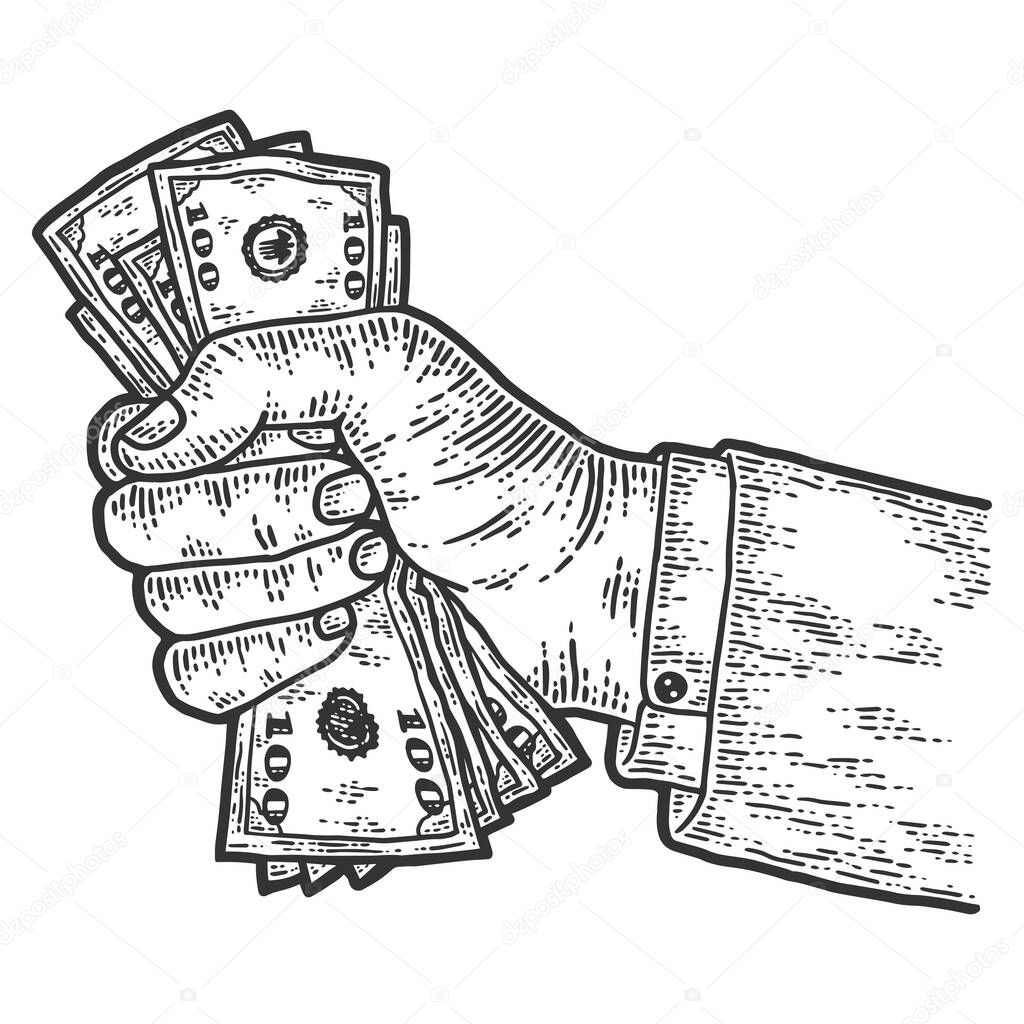 Male hand squeezes dollar bills. Sketch scratch board imitation. Black and white. Engraving vector illustration