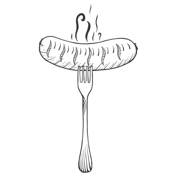 Geurige worst op een vork. Schets krabplank imitatie. Zwart-wit. — Stockvector