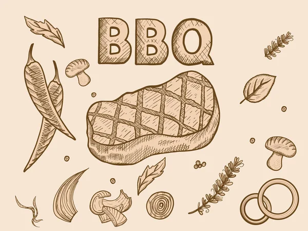 Set de barbacoa. Sketch pizarra imitación sepia. — Archivo Imágenes Vectoriales