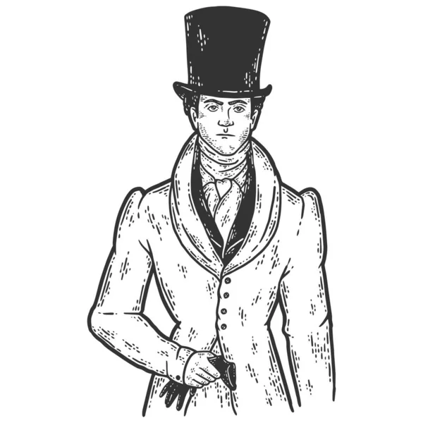 Moda del siglo XIX. Hombre con chaqueta y sombrero de copa. Bosquejo de rayado imitación de color. — Vector de stock