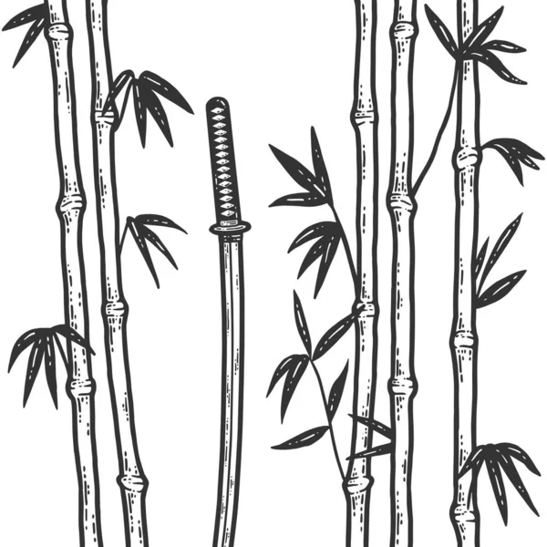 Katana egy bambuszligetben. Vázlatos karcolás tábla utánzás színe. — Stock Vector