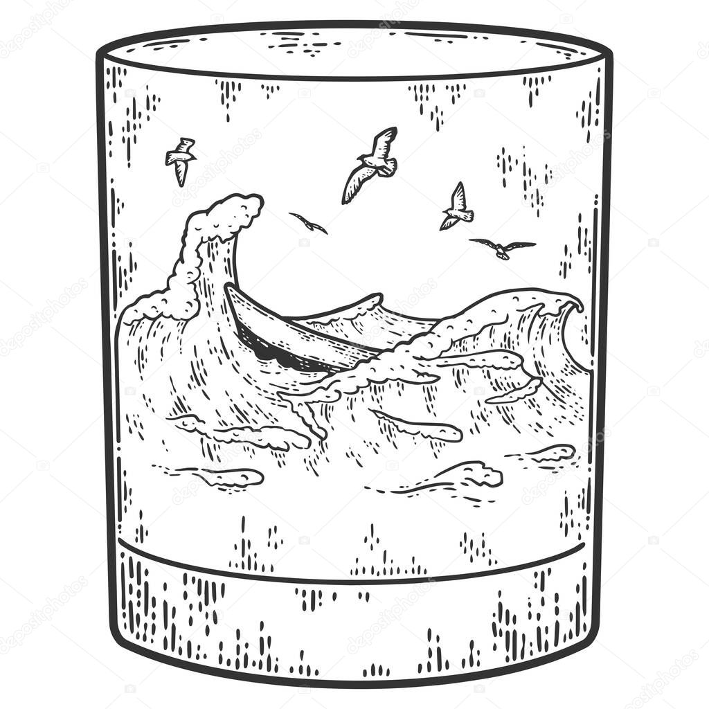 Sea, ocean graphic vector illustration with waves, ship in a glass. Sketch scratch board imitation color.