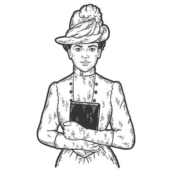 Της μόδας του δέκατου ένατου αιώνα. Γυναίκα που κρατάει τα βιβλία της στο στήθος. Χρώμα απομίμησης πίνακα σχεδίασης. — Φωτογραφία Αρχείου
