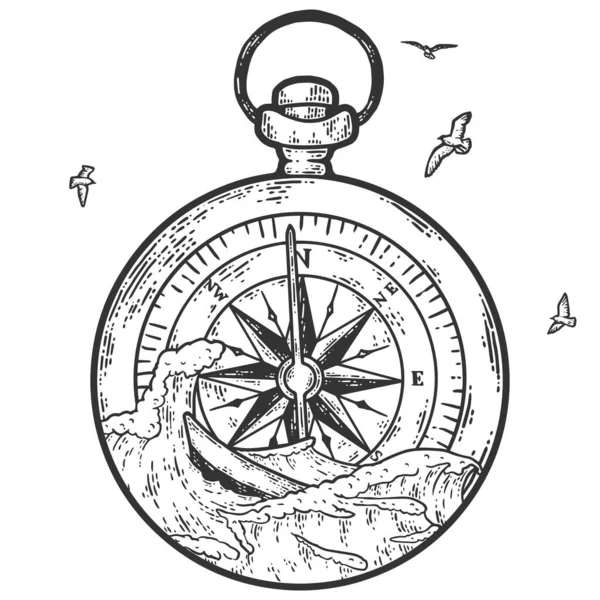 Ocean graphic raster illustration with compass, waves. Travel, outdoor, adventure, explore symbol. — Stock Photo, Image