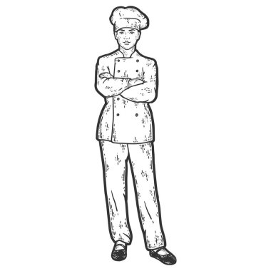 Uzun boylu kadın aşçı. Çizim tahtası taklit rengi.