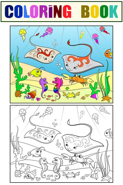 Conjunto de livro de colorir e imagem a cores. Mundo subaquático. Tutorial, exemplo de cores. — Vetor de Stock