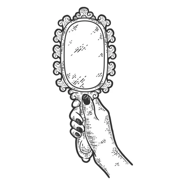 Espelho vintage na mão de uma mulher. Desenho cor de imitação placa de arranhão. — Vetor de Stock