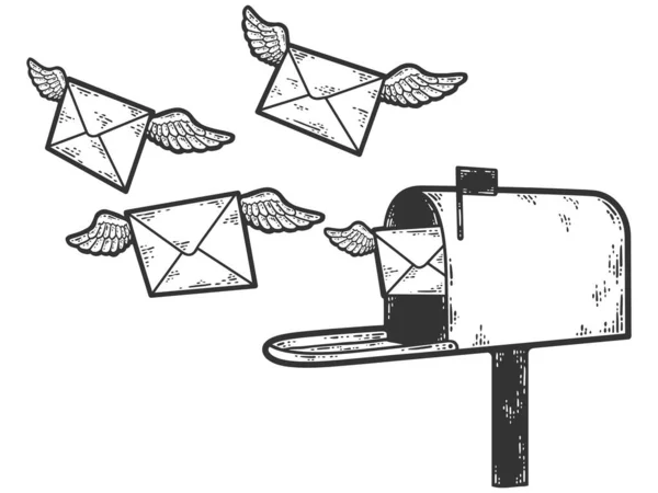 우편물 봉투들 이 우편 함 밖으로 날아들어 옵니다. 스크래치 보드 모방 색상을 스케치. — 스톡 벡터