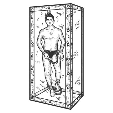 Sihirbaz, akvaryum ve kelepçe numarası. Gravür vektör illüstrasyonu.