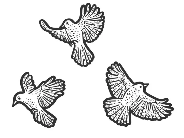 Set, tres pájaros están volando. Ilustración de vectores de grabado. Boceto imitación tablero de rasca. — Archivo Imágenes Vectoriales