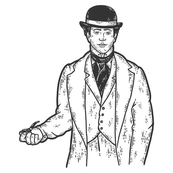 Detective masculino, estilo de ropa del siglo XIX. Hombre, cocina en uniforme. Bosquejo de rayado imitación de color. — Vector de stock