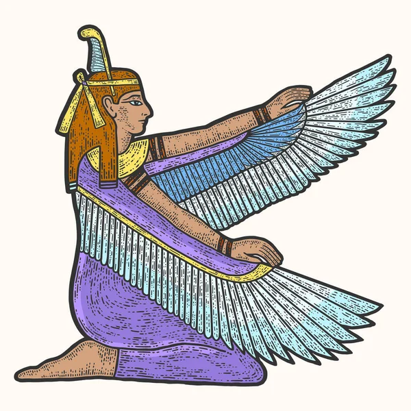 Isis, kanat renginde oturan kadın. Çizim tahtası taklidi.