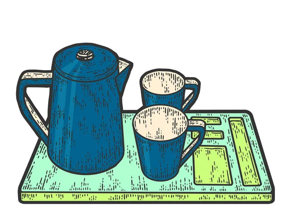 Coffee set, kettle, two cups and a tray color. Sketch scratch board imitation.