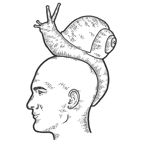Ένας φαλακρός με ένα γιγάντιο σαλιγκάρι στο κεφάλι του. Σκίτσο χρώμα απομίμησης πίνακα ξυστό. Εικονογράφηση του ράστερ χάραξης. — Φωτογραφία Αρχείου