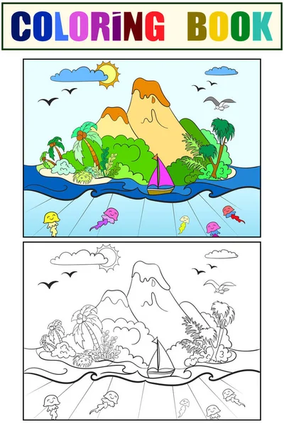 Set of coloring book and color picture. Green island with volcanoes. — ストック写真