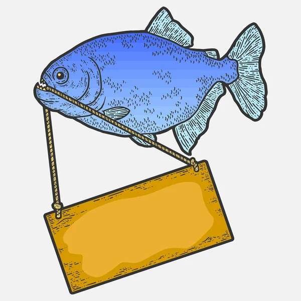 Piranha fish with wooden sign color. Sketch scratch board imitation. — Stock Photo, Image