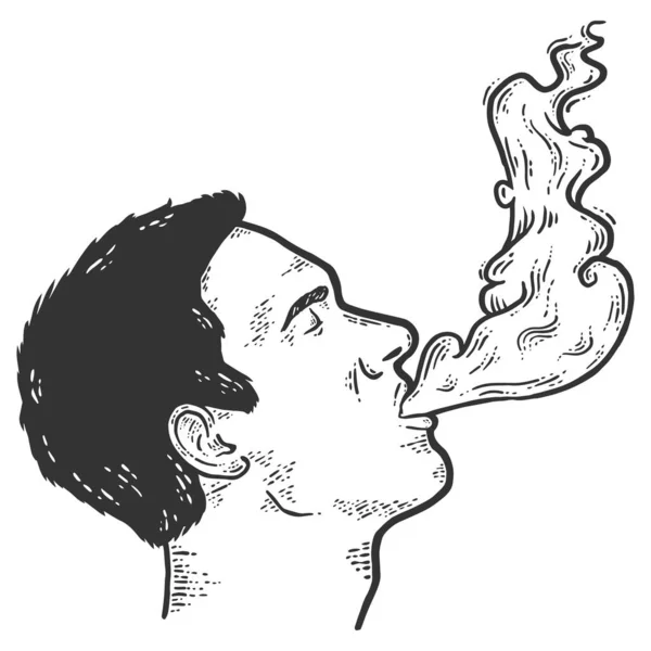 El hombre exhala humo. Bosquejo de rayado imitación de color. — Vector de stock