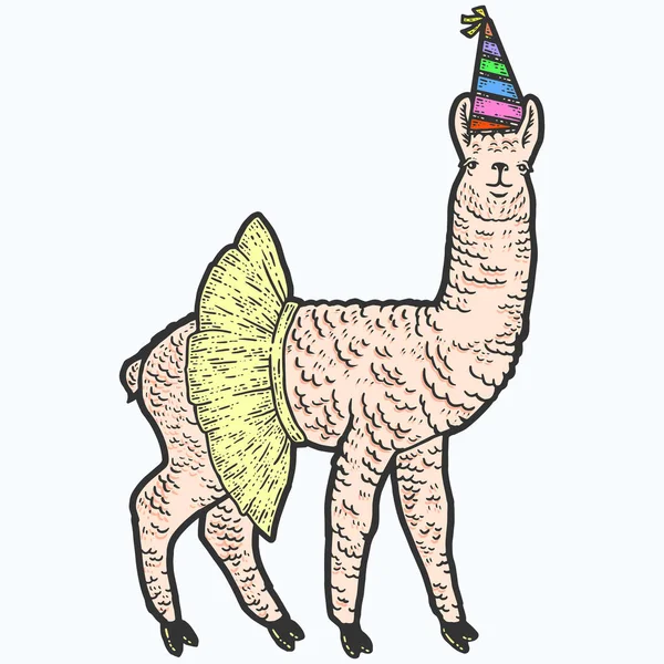 Llama animal, con falda y gorra de cumpleaños. Bosquejo de rayado imitación de color. — Foto de Stock