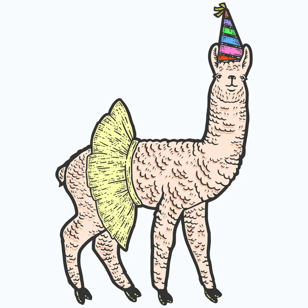 Llama animal, con falda y gorra de cumpleaños. Bosquejo de rayado imitación de color. — Vector de stock