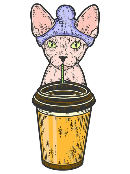 Caffetteria, il gatto Sphynx sta bevendo caffe '. Disegno gratta e vinci imitazione colore. — Vettoriale Stock