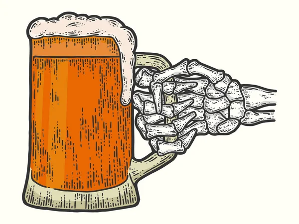 Esqueleto mano ósea sostiene el color de la cerveza. Boceto imitación tablero de rasca. — Archivo Imágenes Vectoriales