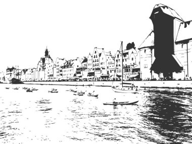 Crane Gdansk. Vintage bina, dönüm noktası. Avrupa ülkesinin klasik avlu kenti Polonya.