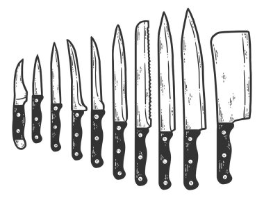 Set of ten knives. Sketch scratch board imitation color.