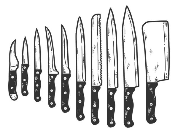 Set of ten knives. Sketch scratch board imitation color. —  Vetores de Stock