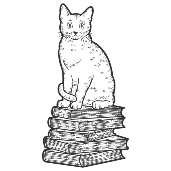 A Cat está sentada nos livros. Desenho cor de imitação placa de arranhão. —  Vetores de Stock