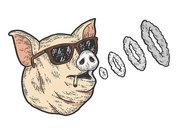 Das Schwein raucht und pustet Rauchschwaden. Skizze Scratch Board Imitation Farbe. — Stockfoto