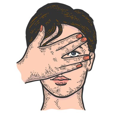 The girl peeps through her fingers. Sketch scratch board imitation color. vector The girl peeps through her fingers. Sketch scratch board imitation color. vector