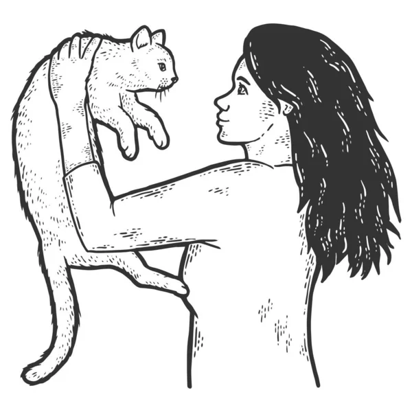 여자가 고양이를 안고 있어. 피클 스크래치 보드 흉내내기. — 스톡 사진