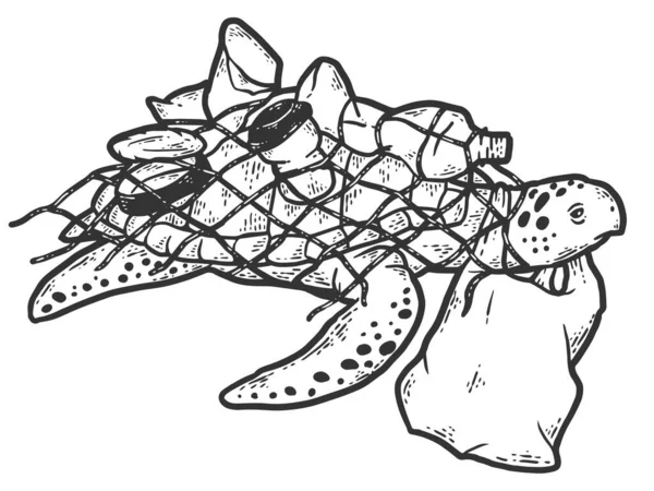 Tartaruga na rede com garrafas de plástico, limpeza conceito. Desenho raspar placa imitação coloração. —  Vetores de Stock