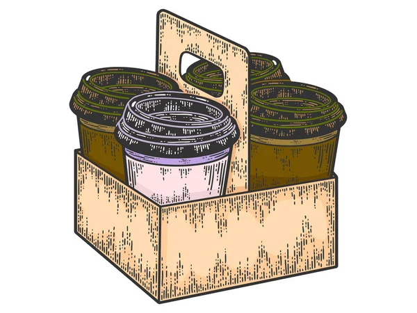 Wegwerpbare meeneemkoffie draagbak 4 in 1 doos. Schets krasbord imitatie kleur. — Stockvector