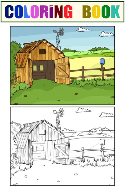 Set of coloring book and color picture. Barn in the village. — Stock Vector