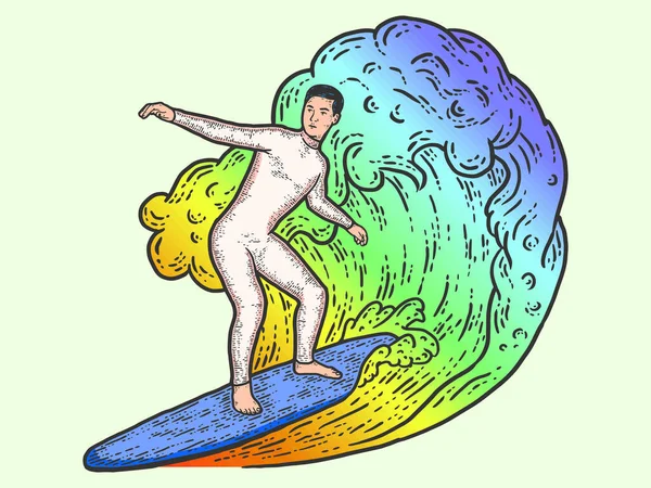 Surfista en la ola, mes del orgullo. Boceto imitación tablero de rasca. — Vector de stock