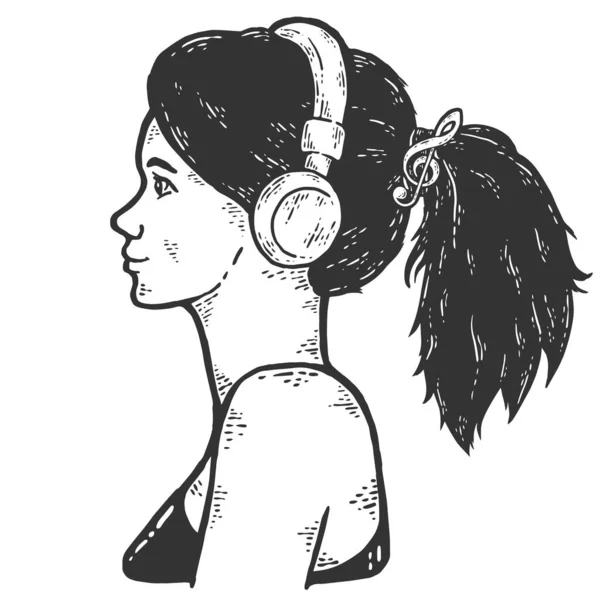 Chica escuchar música en los auriculares. Avatar femenino. Dibujo para colorear imitación tablero de rascar. — Vector de stock