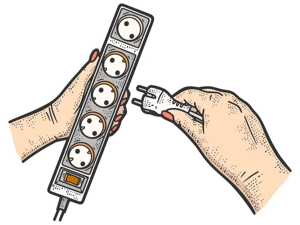 Verlengsnoer. Steek de stekker in de kleur van het stopcontact. Schets krabplank imitatie. — Stockvector