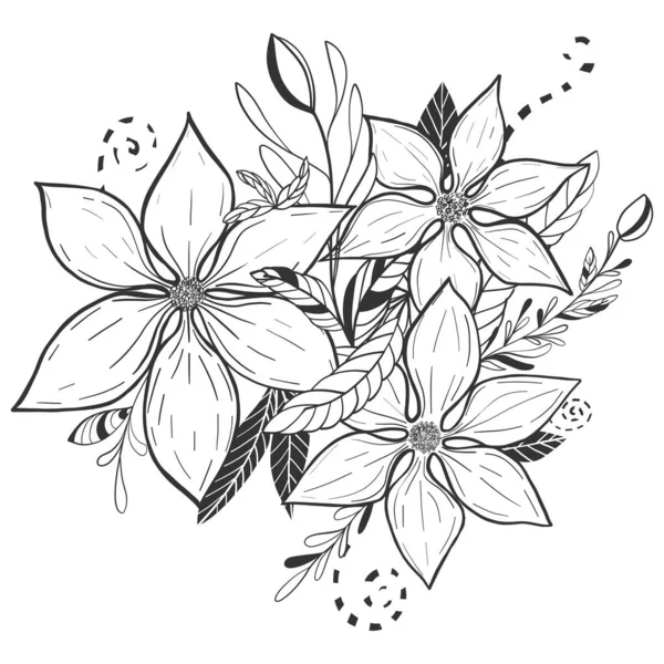 花朵和树叶草图。一束手绘春花和植物. — 图库照片