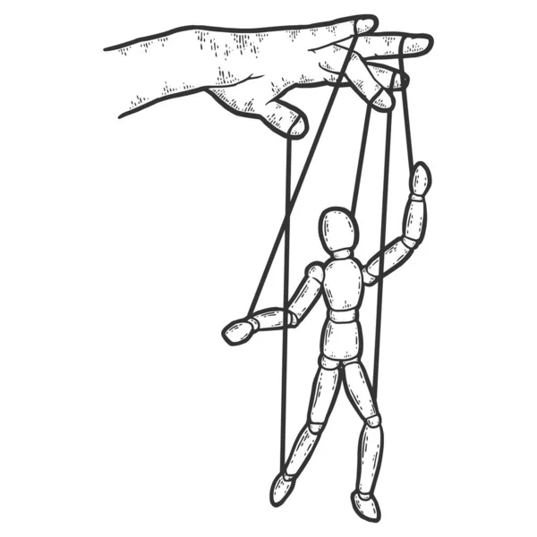 Strings puppet manipulator or marionette exploitation image. Sketch scratch board imitation coloring. — Stockvector